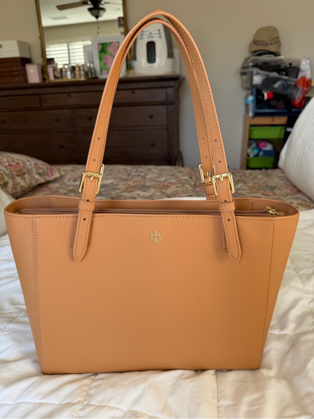 Tory Burch Emerson Saffiano Leather Tote in Tan Camel